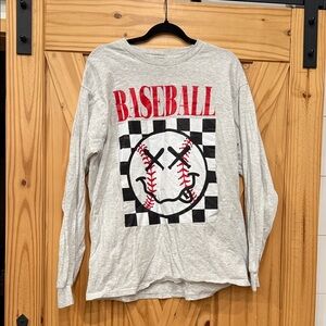 Gildan Gray Long Sleeve Kids Shirt with Red Baseball Graphic